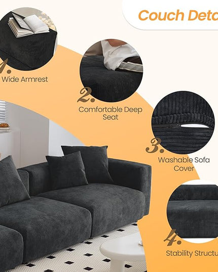 JACH 142"" Luxurious Sectional Couch Sofa with 5 Pillows, Deep Seat Modular Sectional Couch, Cushion Covers Removable, Huge Plus Sofas Couches for Living Room, Office, Apartment, Black, 3-Seater