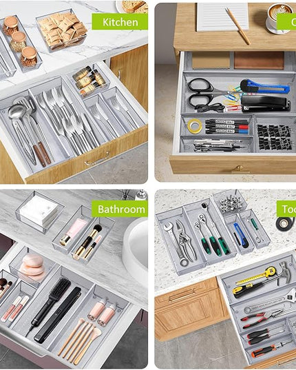 Neudeco Silverware Drawer Organizer,Utensil Organizer for Kitchen Drawer Organizer for Large Utensils with Interlocking Arm, Silverware Storage Cutlery Tray for Knives Fork Spoon (Pack 5, Silver)