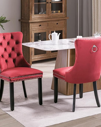 SoarFlash Velvet Dining Chair Set of 2, Upholstered Tufted Dining Room Chair with Nailhead Trim and Solid Wood Leg for Kitchen (Wine Red)