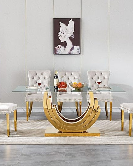 Henf 7-Piece Glass Dining Table Set with 6 Upholstered Dining Chairs, Large Gold Dining Table and Chair Set for 6, Modern Kitchen Table Furniture for Dining Room, Stainless Steel Base and Glass Top