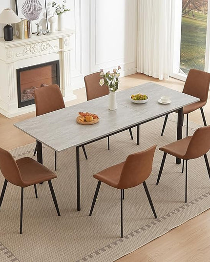 63"- 78.7" Extendable Dining Table with 6 Brown Dining Chairs, Modern Kitchen Table Set for 6, Thickened Expandable MDF Wooden Table with Metal Legs for Dining Room, Kitchen, Home