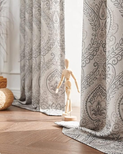 jinchan Linen Textured Curtains for Living Room Darkening 63 Inch Length, Medallion Drapes for Bedroom, Damask Pattern Window Treatments Vintage Curtain Panels, 2 Panels Grey on Greige