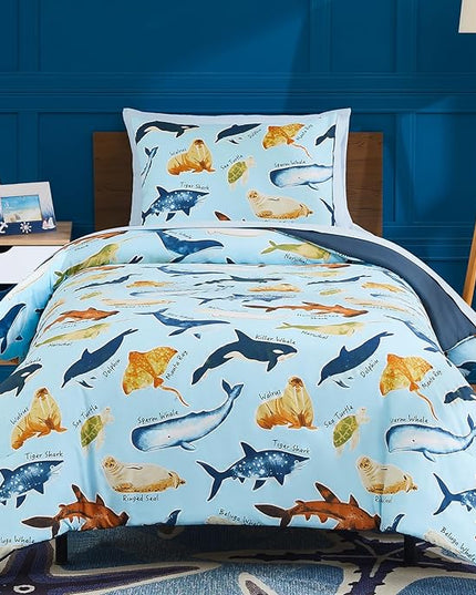 Twin Comforter Set for Boys-5 Pieces Ocean Animals Glow in The Dark Twin Bedding Sets for Kids, Ultra Soft Bed in A Bag with Sheets