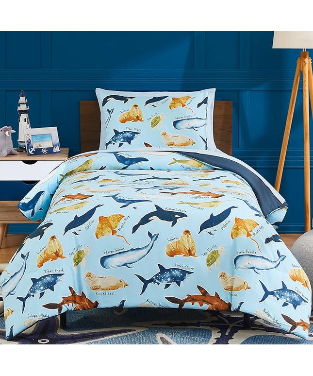 Twin Comforter Set for Boys-5 Pieces Ocean Animals Glow in The Dark Twin Bedding Sets for Kids, Ultra Soft Bed in A Bag with Sheets