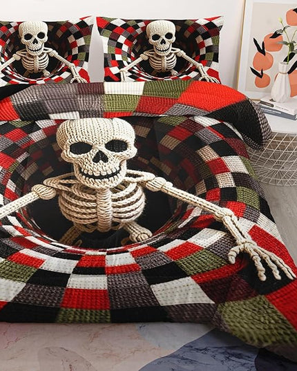 AILONEN Skull Print Comforter Set Full Size,3-Piece Skeleton Halloween Theme Bedding Set,Colorful Checkered Skull Art Duvet with 2 Pilllowcases