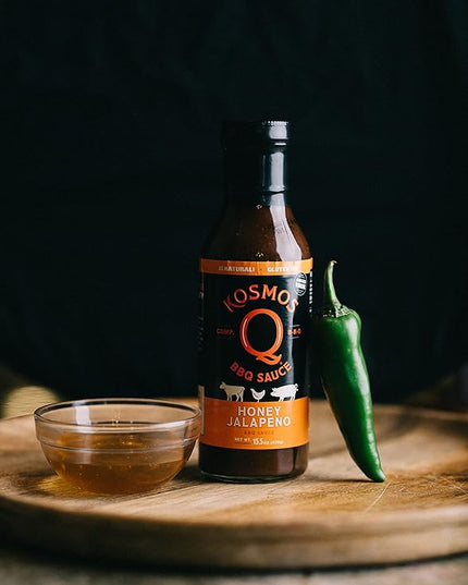 Kosmos Q Honey Jalapeno, Sweet & Spicy BBQ Sauce for Pork, Chicken, Brisket, Ribs & More, Made with Real Honey, Jalapeno & Peach, Thick Marinade & Dipping Sauce, Gluten Free, 15.5 Oz Bottle
