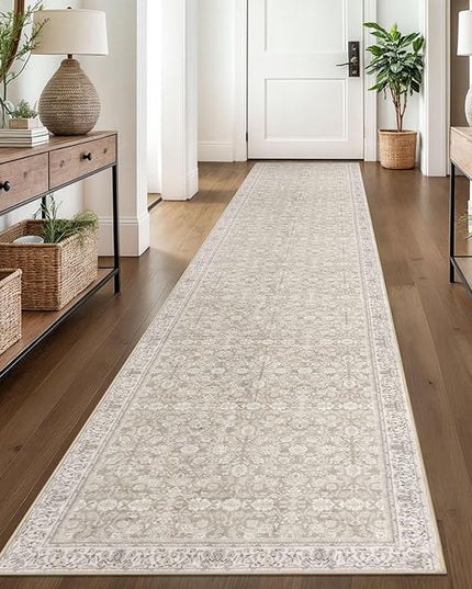 2.6x14 Washable Runner Rug for Kitchen, Cream Beige White Grey Soft Classic Runners with Non-Slip, Non-Shedding Distressed Floral Rug for Hallways Entryway Bedroom Laundry Indoor