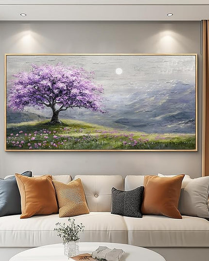 FUHAIHUA Large Wood Framed Wall Decor For Living Room Canvas Wall Art For Office Modern Wall Decorations For Bedroom Purple Tree Painting Farmhouse Pictures Artwork Room Home Decor 24x48 In