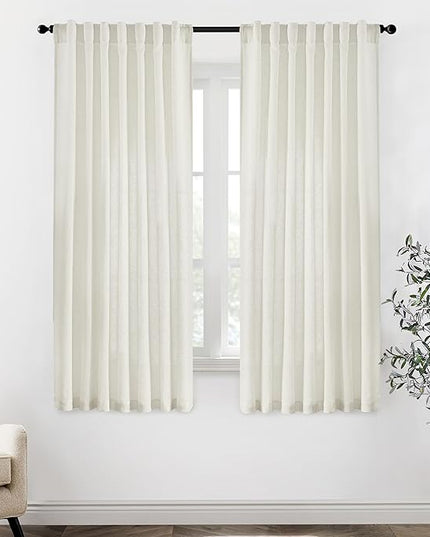XTMYI 63 Inch Length Linen Sheer Curtains for Bedroom 2 Panels Back Tab Hooks Pleat Rod Pocket Light Filtering Semi Transparent Opaque Drapes for Living Room Bathroom Window,50x63 in Long,Cream Beige
