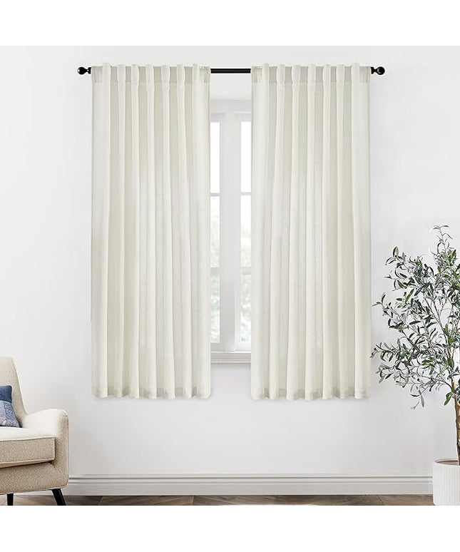 XTMYI 63 Inch Length Linen Sheer Curtains for Bedroom 2 Panels Back Tab Hooks Pleat Rod Pocket Light Filtering Semi Transparent Opaque Drapes for Living Room Bathroom Window,50x63 in Long,Cream Beige
