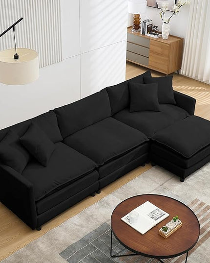 Modular Sectional Sofa,108.27'' Modern Corduroy Sofa Set for Living Room with 3 Seat & 1 Ottoman & 3 Pillows, Comfy Cloud Couches with Movable Ottoman, DIY Combination, Chenille (Black, L Shaped)