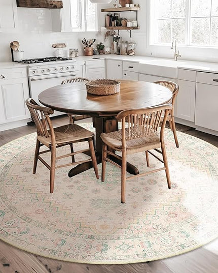 MUJOO Round Rugs 6ft,Circle Area Rug Washable,Circular Rugs for Living Room Dining Room,Large Boho Non Slip Throw Carpet Light Pink and Green