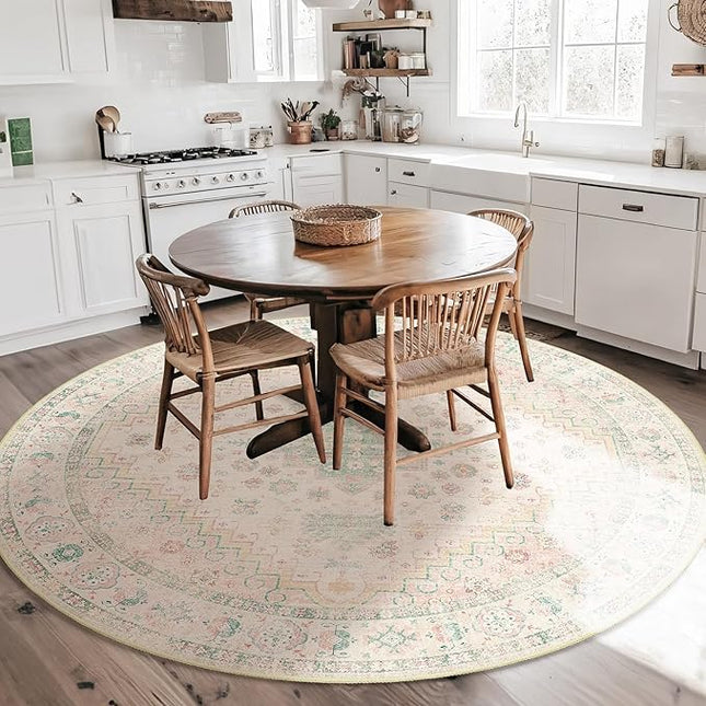 MUJOO Round Rugs 6ft,Circle Area Rug Washable,Circular Rugs for Living Room Dining Room,Large Boho Non Slip Throw Carpet Light Pink and Green