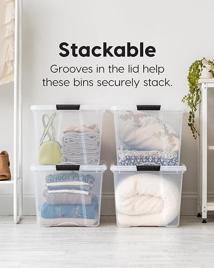 IRIS USA 72 Qt Stackable Plastic Storage Bins with Lids, 6 Pack - BPA-Free, Made in USA - See-Through Organizing Solution, Latches, Durable Nestable Containers, Secure Pull Handle - Clear