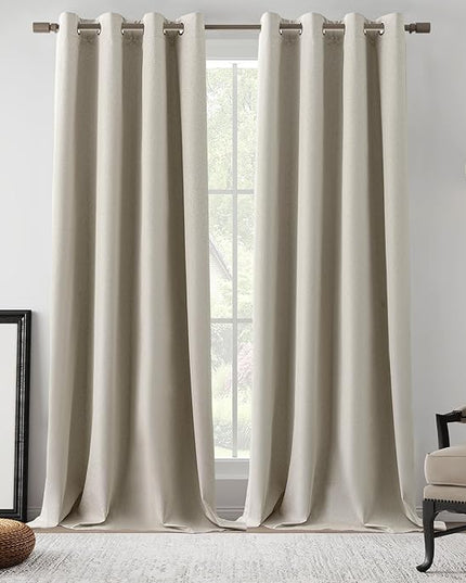Full Blackout Natural Linen Curtains 126 Inches Long, Hallway Patio Door Tall Curtains Grommet Top, Noise Reducing Lightweight Privacy Drapes for Bedroom, Natural, W52 x L126, 2 Panels