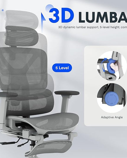 FLEXISPOT ErgoX Premium Ergonomic Office Chair with Footrest- Adjustable 3D Armrests, Dynamic Lumbar Support, Recline & Tilt Function, Mesh Seat, for Home & Office Use,Light Grey
