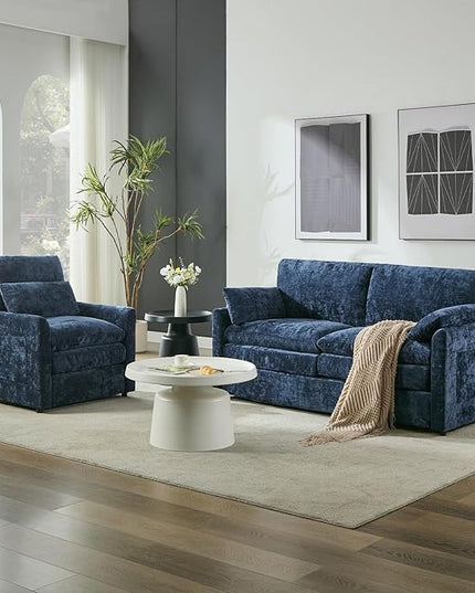 Tbfit Living Room Furniture Set, Loveseat Couch & Accent Chair, Modern Comfy Cloud Sofa Set, Spring Seat Cushions, Chenille Fabric, Blue