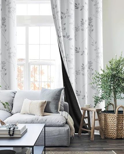 Beauoop Floral 100% Blackout Curtains 63 Inch Length 2 Panels for Bedroom Living Room Grey White Flower Patterned Room Darkening Thermal Insulated Soundproof Grommet Window Treatments Drapes, 52X63