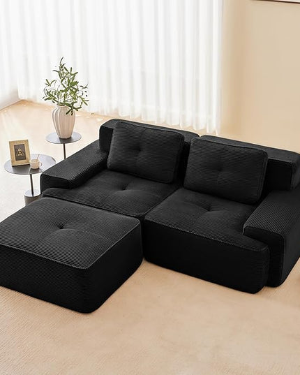 82" Convertible Modular Couches, Deep Seat L Shaped Sofas for Living Room, Modern 2 Seater Love Seat Sofa with 1 Ottoman for Small Space, Comfy Cloud Sectional Sofa Set, Corduroy Fabric Black