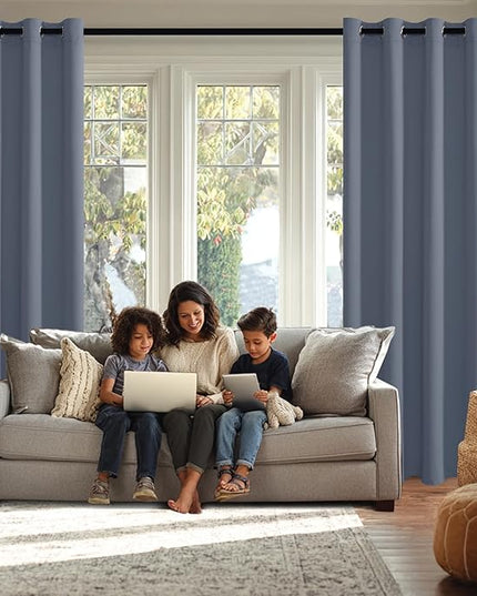 JIUZHEN Blackout Curtains with Tiebacks - Thermal Insulated, Light Blocking and Noise Reducing Grommet Curtain Drapes for Bedroom and Living Room, Set of 2 Panels, Dusty Blue, 52 x 63 Inch Length