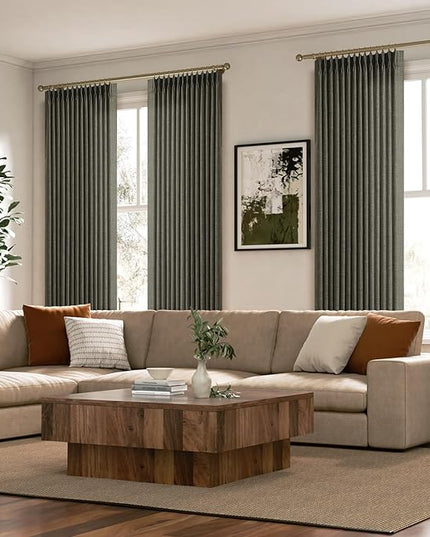 Pinch Pleated Green Linen Curtains Light Filtering 86 Inches Long Drapes for Bedroom,Memory Train Shaped Pleat Curtain for Living Room and Track System Moss Boho Farmhouse with Back Tab 2 Panels