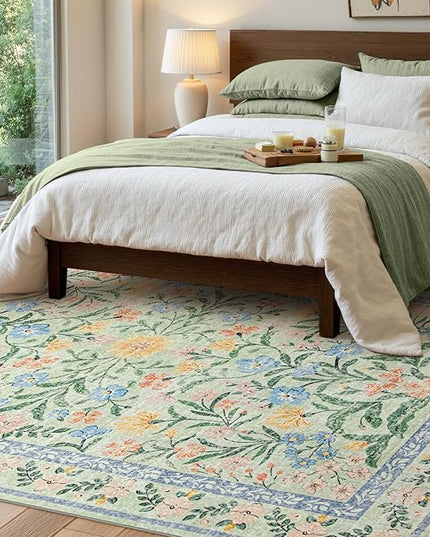 Wonnitar Washable Floral 6x9 Rug, Soft Green Area Rug Boho Non Slip Dining Room Carpet, Non-Shedding Flower Floor Carpets for Kids Bedroom Living Room Dorm Playroom