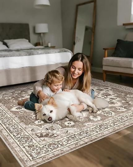 4x4 Washable Entry Rug - Area Rugs for Kitchen Bedroom Bedside Bathroom Entryway Non Slip with Rubber Backing Low Pile Ultra Soft Stain Resistant Small Carpet (Beige, 4x4)