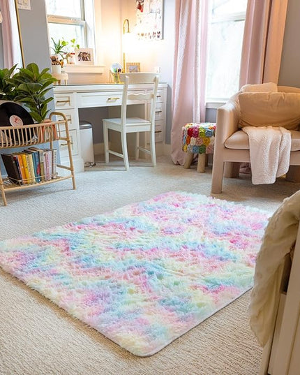 Ophanie Upgrade 4x6 Light Rainbow Rugs for Bedroom, Fluffy Soft Area Rug, Shaggy Non-Slip Indoor Floor Carpet for Living Room, Kids Baby Boys Teen Dorm Home Decor Aesthetic, Nursery