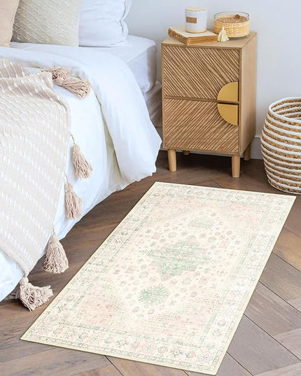MUJOO Small Rug,2x3 Washable Area Rugs for Bathroom Entryway Entry Entrance Bedroom,Indoor Front Door Mat Non Slip Throw Carpet Boho Low Pile Light Pink and Green