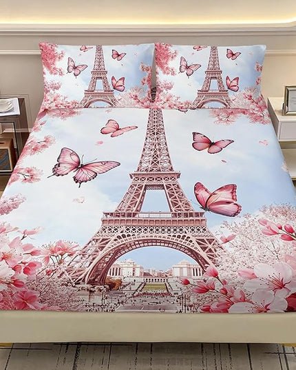 AILONEN Eiffel Tower Fitted Sheet Set for Kids,Girls,Pink Cherry Blossom Butterfly Theme Bedding Set Queen Size, Romantic Moments Bed Sheet Set,3-Piece 1 Sheet Set + 2 Pillowcases