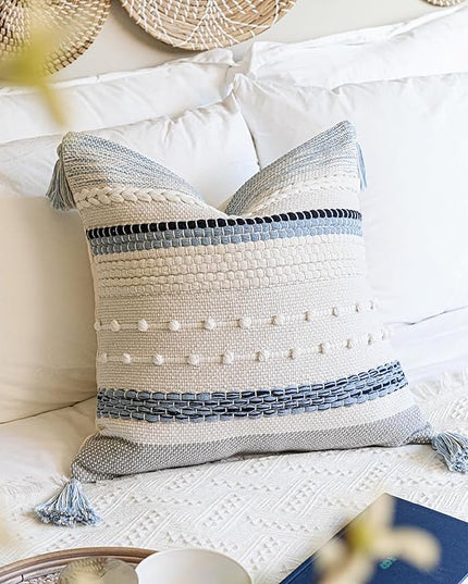 BlissBlush Coastal Blue Boho Decorative Throw Pillow Cover 20x20 Modern Bohemian Accent Pillow Case Square Woven Textured Farmhouse Pillows for Couch Bed (Pack of 1)