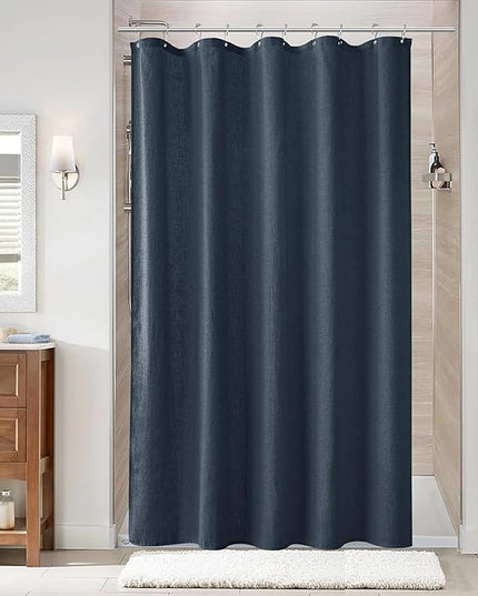 Naturoom Denim Blue 54 Inch Shower Curtain - Stall Narrow Half Linen Ultra Thick Fabric Shower Curtain Set with Hooks, Boho Farmhouse Rustic RV Camper Bath Curtains for Bathroom, 54x78