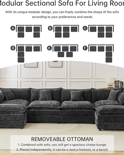 Modular Sectional Sofa, 147.2 Inch U Shaped Couch Set with Armrests, 4-Seater Comfy Cloud Couches with Movable Ottoman for Living Room Apartment, Grey