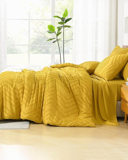 Litanika King Size Comforter Set with Sheets Mustard Yellow - 7 Pieces Bed in a Bag King Chevron Tufted Complete Bedding Sets with Comforter, Sheets, Pillowcases & Shams