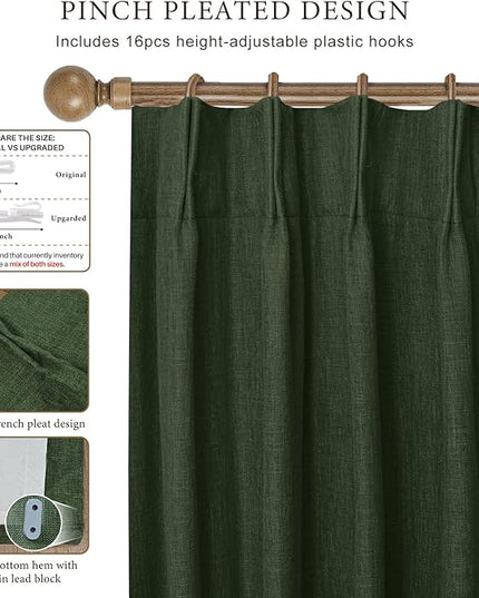 IVAPUPU Linen Pinch Pleated 100% Blackout Curtains for Bedroom - 2 Pages Black Out Green Curtains 108 Inch Long 2 Panel for Living Room Darkening Thermal Window Curtain Drapes with 16pc Hooks