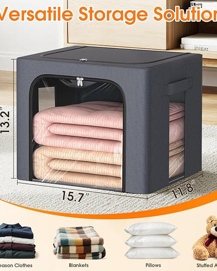 3 Pack Clothes Storage Bins with Metal Frame,40L Storage Bags Fabric Box Organizer with Clear Window,Zippers,Sturdy Handles(3 Pcs,Light Grey,40L)