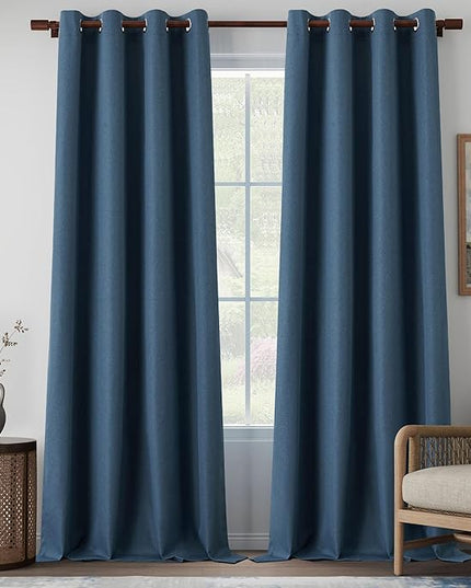126 Inches Long 100% Blackout Extra Long Linen Look Curtains, Ceiling to Floor Noise Reducing Curtain Panels for Light Sleepers 10.5 Ft Length, Denim Blue, W52 x L126, 2 Panels