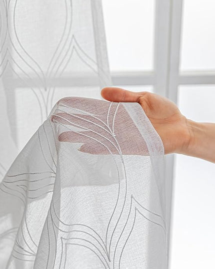 Amazon Basics 2-Piece Embroidery Sheer Curtain Set, Light Filtering Hollow Drapes for Living Room and Bedroom, 52" W × 95" L, White Classic Waves