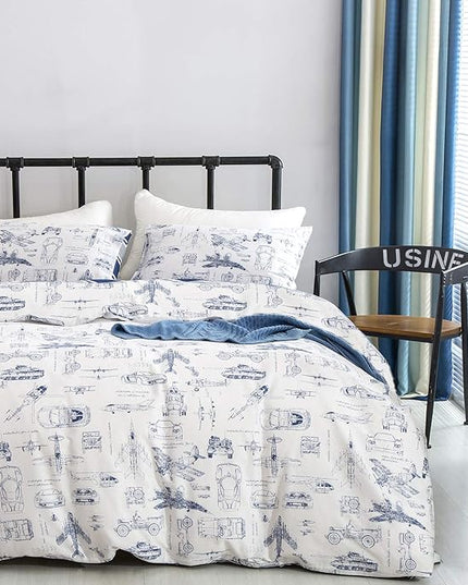 CLOTHKNOW Kids Comforter Set Twin/Twin XL 3Pcs Cartoon Vehicle Bedding Comforter Sets Blue White Comforter Boys Bedding Twin Tank Aircraft Pattern