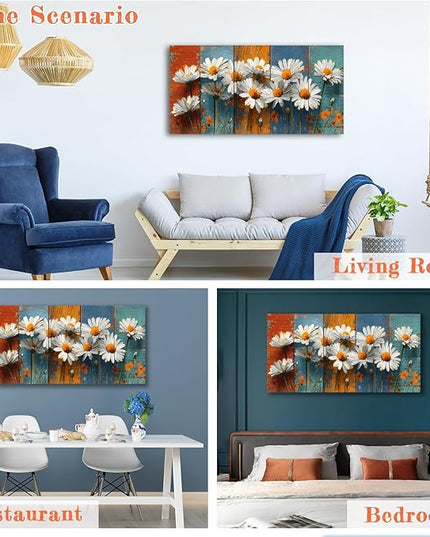 HUADAOART Daisy Flower Canvas Wall Art Rustic Wood Background Contemporary Living Room Decor 48 x 24 inches