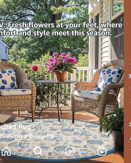 jinchan Elora 5ft Floral Round Rug for Entryway Washable Kitchen Rug Vintage Romance Design Non Slip Indoor Doormat Lightweight Low-Profile Throw Carpet for Living Room Dining Room Bedroom, Blue/Beige