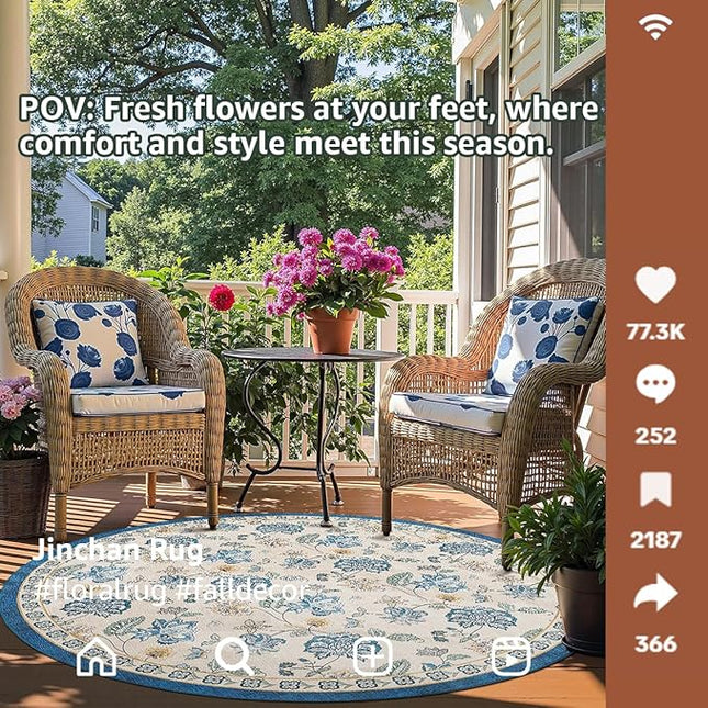 jinchan Elora 5ft Floral Round Rug for Entryway Washable Kitchen Rug Vintage Romance Design Non Slip Indoor Doormat Lightweight Low-Profile Throw Carpet for Living Room Dining Room Bedroom, Blue/Beige