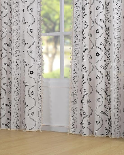 Boho Curtains 2 Panels Set, Farmhouse Linen Semi Sheer Floral Curtains for Living Room, 84 Inches Long Vintage Printed Patterned Curtain with Tassels Rustic Country Curtain Drapes