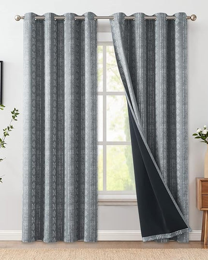 jinchan 95% Blackout Boho Curtains 84 Inches Long for Bedroom White on Grey Geometric Printed Grommet Top Room Darkening Thermal Insulated Window Drapes 2 Panels