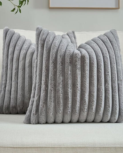FUTEI Grey Throw Pillow Covers Set of 2, 22x22 Inch Striped Texture Cushion Cases with Soft Faux Rabbit Fur Front & Velvet Back, Modern Decorative Couch Pillows for Living Room