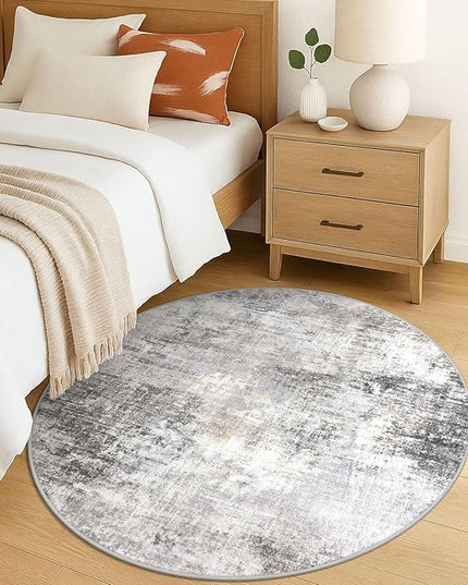 IOHOUZE Round Area Rug 5 Ft Circle Entryway Rugs Round Washable Door Mat Indoor Entrance, Non Slip Circle Front Door Rug, Printed Abstract Faux Wool Floor Carpet for Foyer Porch Sink, Grey Beige