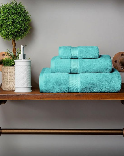 Superior Egyptian Cotton Pile 3 Piece Towel Set, Includes 1 Bath, 1 Hand, 1 Face Towel/Washcloth, Ultra Soft Luxury Towels, Thick Plush Essentials, Guest Bath, Spa, Hotel Bathroom, Turquoise