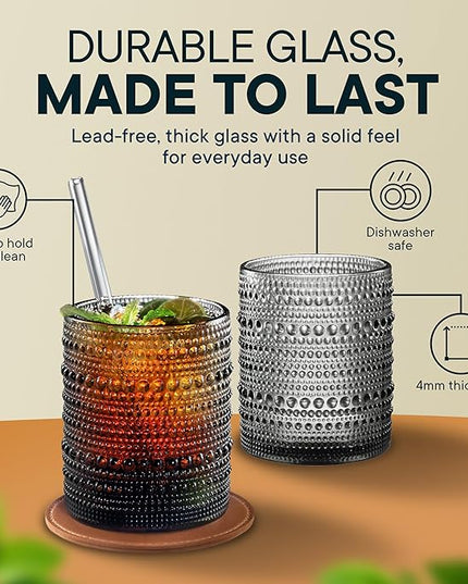 12 OZ Hobnail Drinking Set of 12 – Vintage Embossed Glassware, Textured Tumblers for Water, Beer, Cocktails, Mocktails, Whiskey & More – Includes Straws and Coasters – Smokey Gray