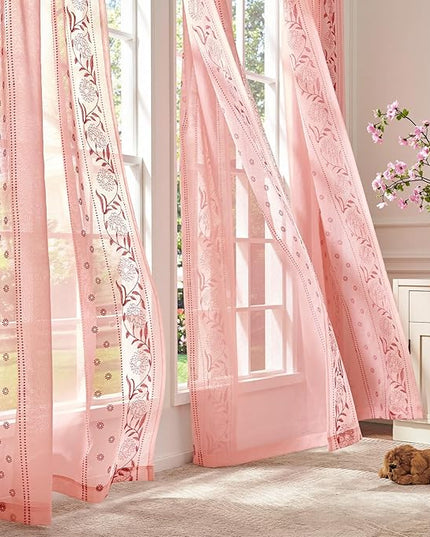 jinchan Winslow Pink Sheer Curtains 84 Inch for Bedroom Living Room Embroidered Bordered Floral Nursery Curtains for Girls Room Dorm Light Filtering, 2 Panels, 50W x 84L