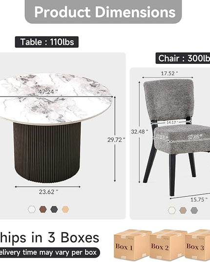 Howtek Round Dining Set for 4, 47-Inch Faux White Marble Wood Kitchen Table with 4 Gray Stackable Upholstered Dining Chairs, Dining Room Table and Chairs Set for Kitchen, Living Room